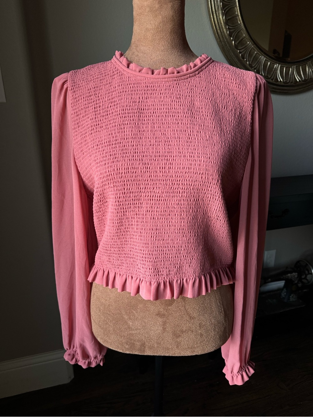 Aritzia Wilfred Tempest Warm Sienna Smocked Ruffle Long Sleeve Top NWT  Pink XL